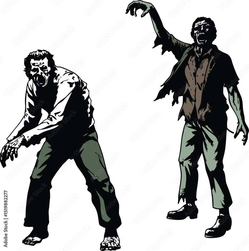 Naklejka premium Two menacing zombies with rotting flesh walking towards the viewer