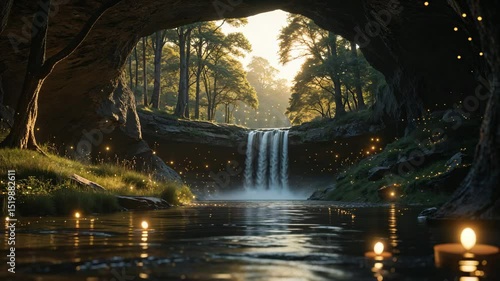 Serene waterfall and enchanted grotto scene with magical glowing fireflies amidst lush forest