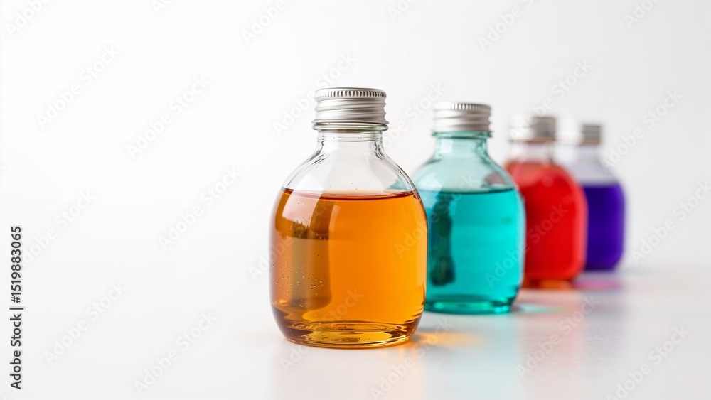 Colorful liquid potions lined on white Colorful liquid potions lined on white