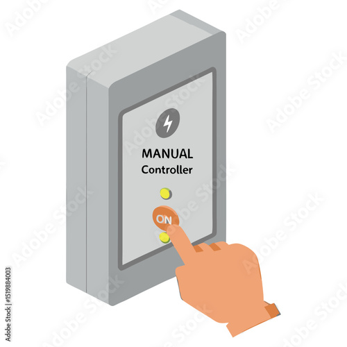 Worker wearing safety gloves turns a manual power switch in a factory environment, shown in an industrial safety training illustration.