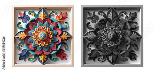 Colorful artistic paper flower artwork displayed in two separate framed pieces of home or office wall decor.