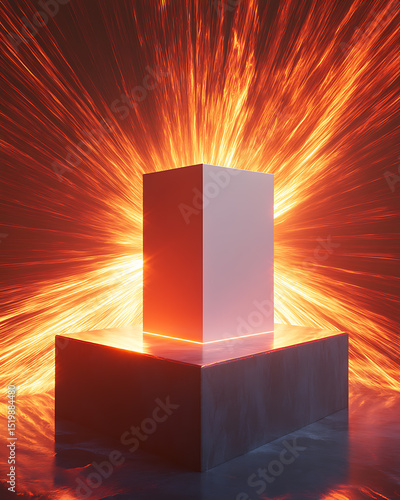 Illuminated Abstract Cuboid On Reflective Podium With Radiant Fiery Background