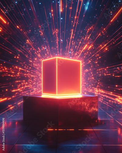 Abstract Glowing Cube on Platform with Radiating Colorful Lights