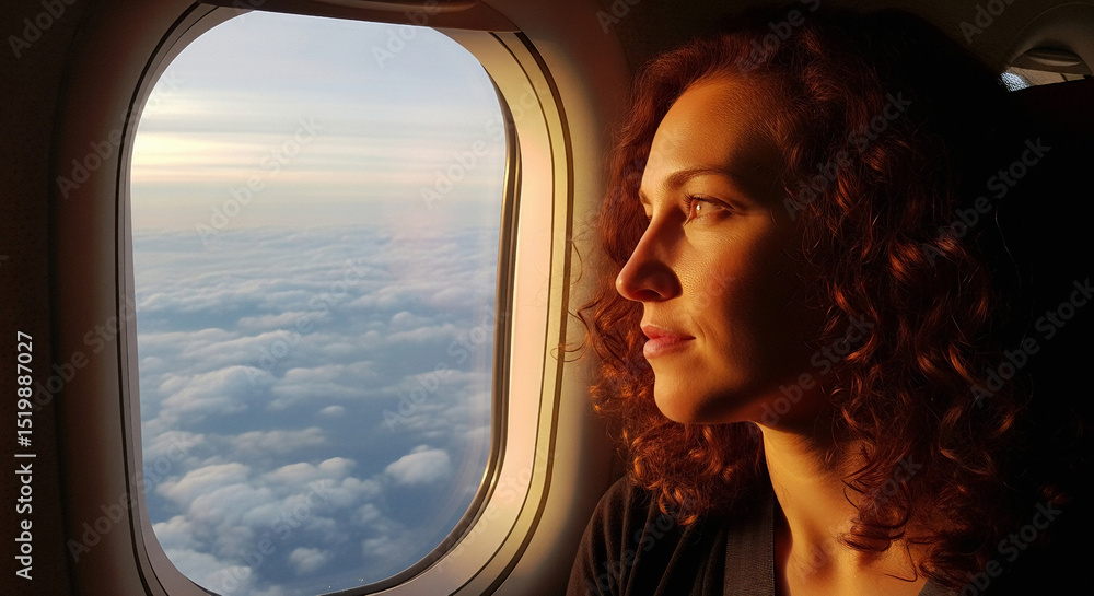 Fototapeta premium Passenger looking out of airplane window, clouds and blue sky in background, soft light illuminating face, concept of anticipation and adventure.
