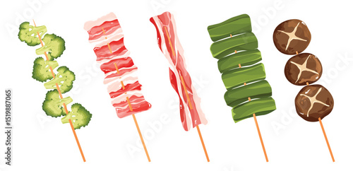 Assortment of delicious Mala BBQ skewers with various ingredients like broccoli, pork, and mushrooms. Cartoon vector illustration perfect for Asian street food, grill, or spicy cuisine concepts. Isola