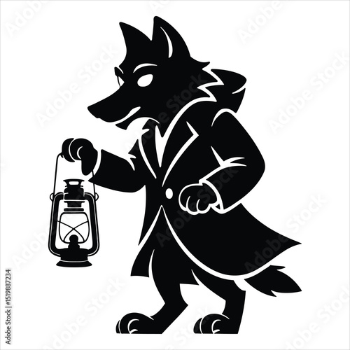 Wolf Character Silhouette Holding Lantern in Trench Coat Vector