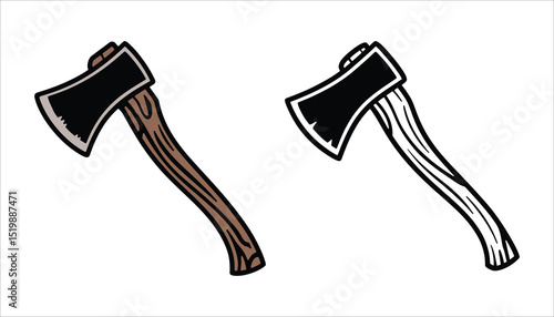 Axe Vector Icon Set with Wooden Handle in Color and Outline Style