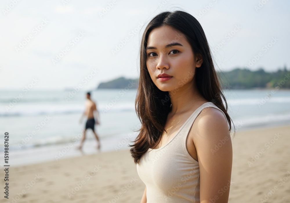 Young woman posing at the beach, man walking behind. Vacation, tourism concepts Young woman posing at the beach, man walking behind. Vacation, tourism concepts
