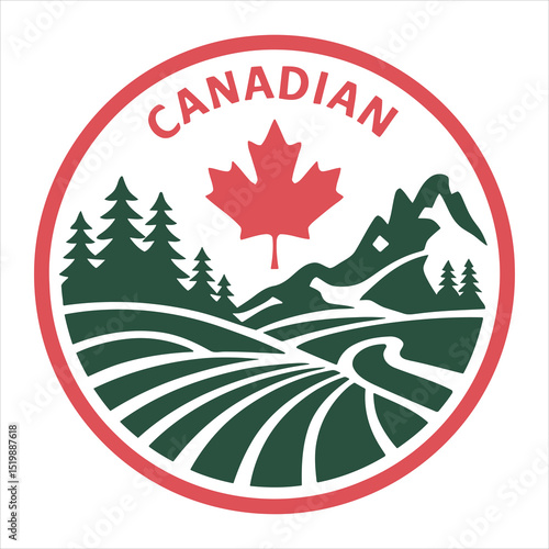 Canadian Landscape Badge with Maple Leaf, Mountains, and Forest Vector