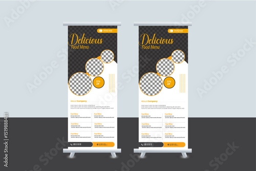 Healthy fast food business marketing roll up or x banner template design with abstract background, restaurant logo and icon. Pizza, burger or hamburger sale rack card & flyer. Food menu poster