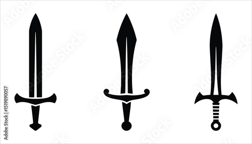 Sword Icon Set in Black Silhouette Style for Medieval and Fantasy Designs

