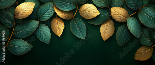 Shiny Golden Leaves on Dark Green Background