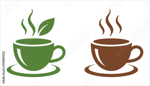 Tea and Coffee Cup Icon Set with Steam in Flat Minimal Style