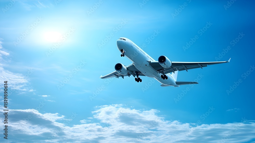 Fototapeta premium Airplane flying high above fluffy clouds sunny sky