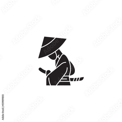Silhouette of a samurai warrior with sword wearing traditional japanese hat