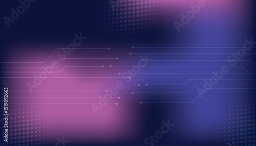 Abstract blue and purple technology with halftones and fiber optics circuit lines.