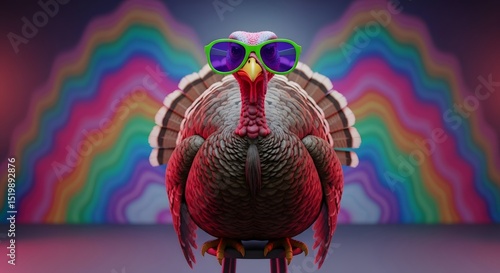 Turkey with Sunglasses on Stool Against Rainbow Backdrop