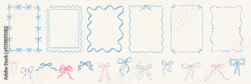 Doodle hand drawn frames with lemons, wave and bows. Minimalist line art. Vintage blue ornament borders for wedding, greeting cards, menu, picnic invitations. Mediterranean sea coastal vibe