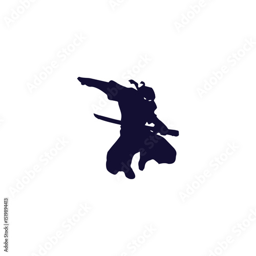 Silhouette of ninja warrior in mid air with sword action pose