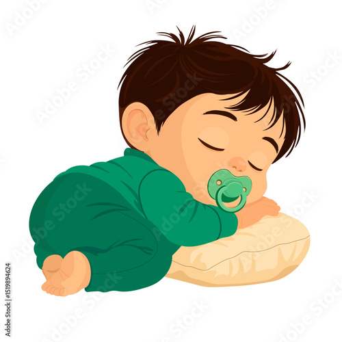 baby in pajamas with pacifier sleeping on pillow without background