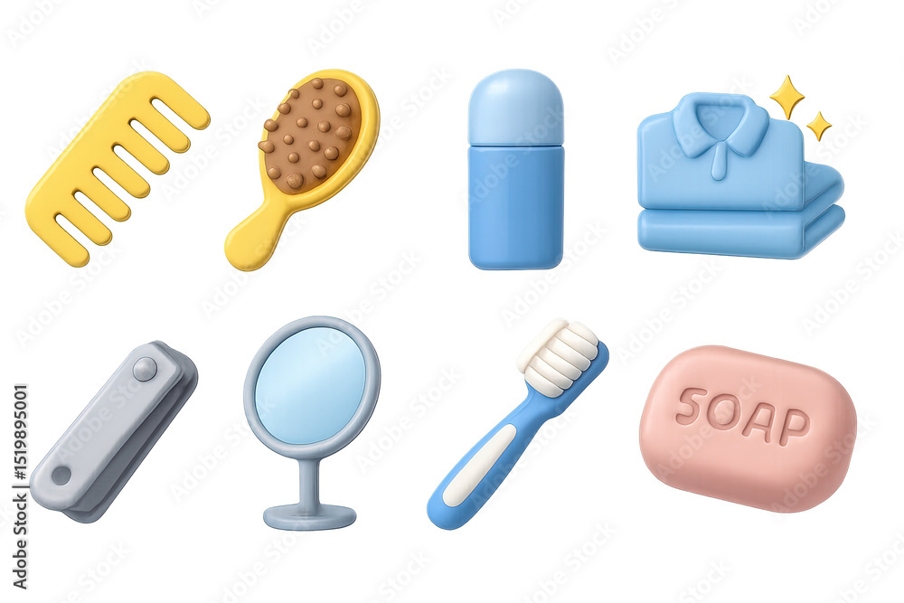 Obraz premium Hygiene Icons Collection. 3D icons set of personal hygiene habits: comb, hairbrush, deodorant, clean clothes, nail clipper, mirror