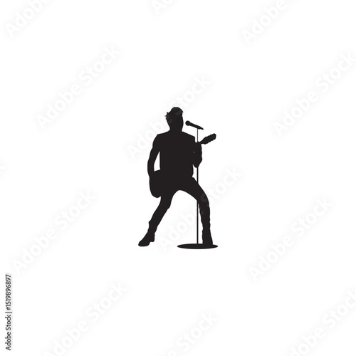 Silhouette illustration of a musician performing with guitar and microphone on stage