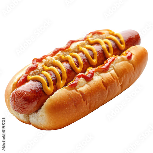 A delicious hotdog with mustard and ketchup in a soft white bun on transparent background