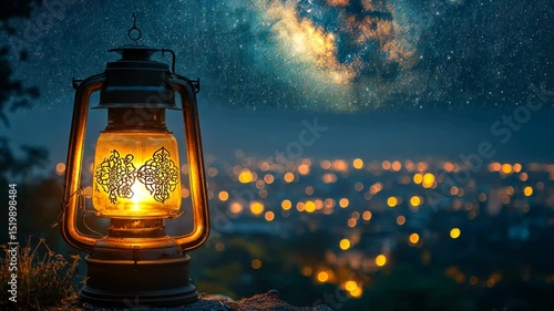 Illuminated antique lantern at night, starry sky
