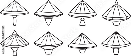 set of Vietnamese conical hat line art, black outline, vector and illustration, coloring book page line art drawing