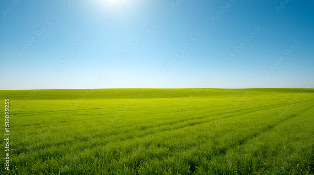 Obraz premium Expansive field of vibrant green grass under a clear blue sky.