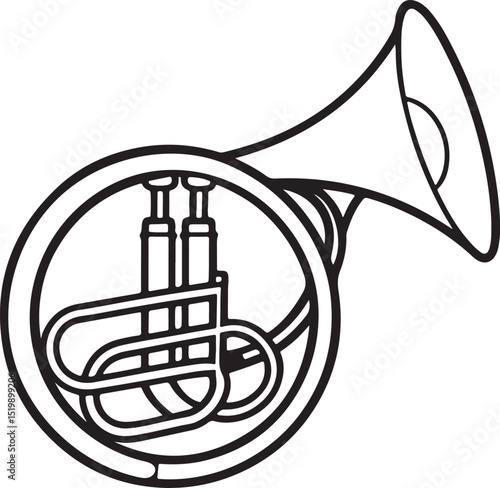 French horn line art, black outline, vector and illustration, coloring book page line art drawing