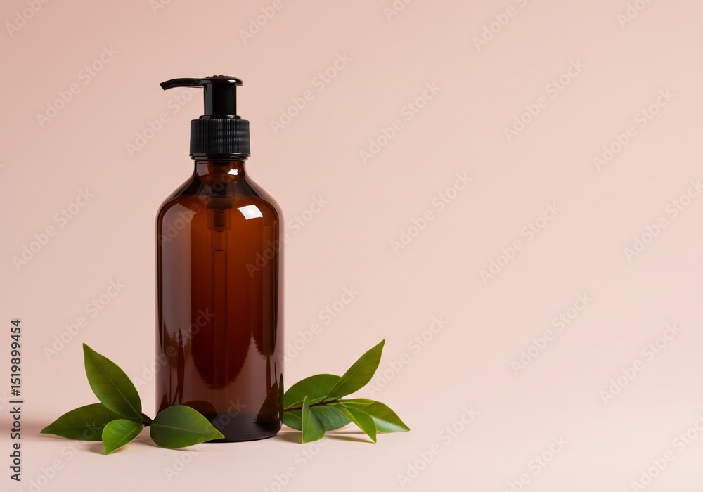 Brown dispenser bottle on peach background for cosmetics, skincare, or bathroom use Brown dispenser bottle on peach background for cosmetics, skincare, or bathroom use
