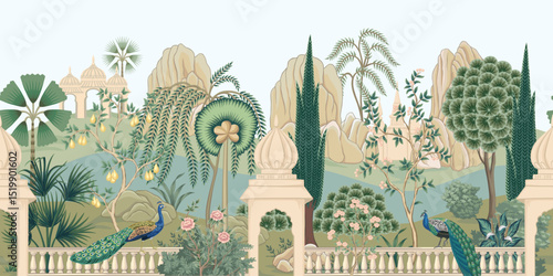 Indian peacock, architecture, palms, trees, plants, roses, mountain, river seamless border. Oriental landscape mural.	