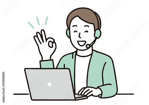 ヘッドセットでOKサインを出す男性オペレーターのイラスト