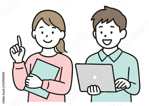 ファイルを持ってアイデアを出す女性とノートパソコンを見る男性のイラスト