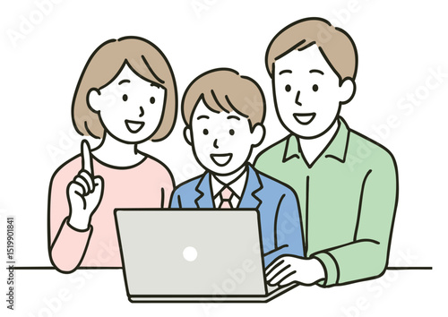 家族でパソコンを操作するスーツ姿の少年（親子の学び・相談）