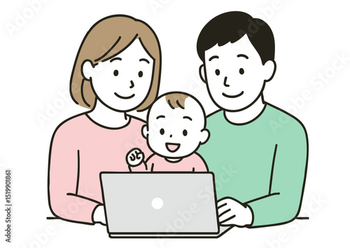 家族でパソコンを見るシーンのイラスト（両親と赤ちゃん）