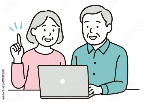 ノートパソコンを見るシニア夫婦の会話シーン