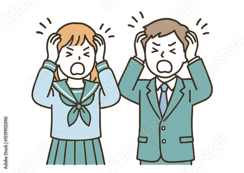 頭を抱えて困る女子高生とブレザーの男子高校生
