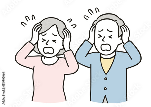 困り顔で頭を抱えるシニアの男女