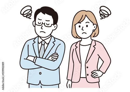 怒って腕を組むビジネスマンとビジネスウーマン