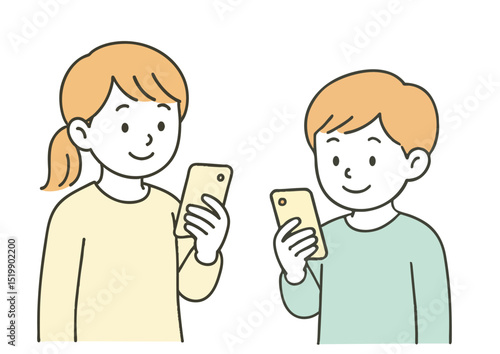 スマートフォンを見る子どもの男女のイラスト