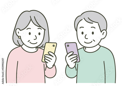 スマートフォンを見るシニア男女のイラスト