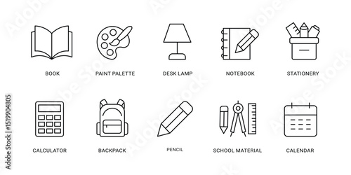 Simple set of  school Stationery supply related Vector Line Icons. Contains thin Icons as pencil, divider, staple and marker. Editable Stroke.