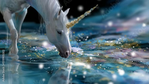 Graceful unicorn sipping from magical stream in fantasy realm