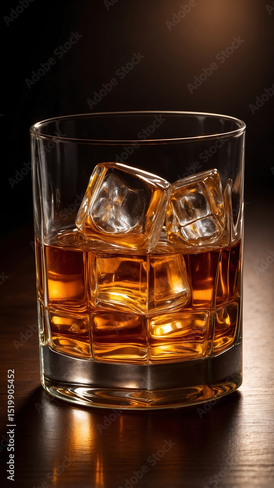 Amber Whiskey in Clear Glass with Ice on Reflective Surface and Warm Glow Amber Whiskey in Clear Glass with Ice on Reflective Surface and Warm Glow