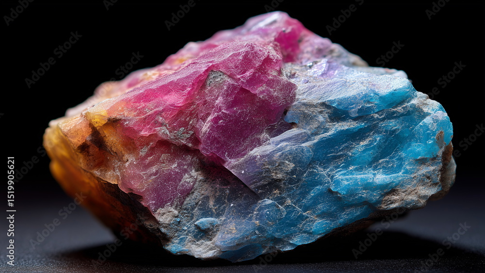 Fototapeta premium Close-up of a uniquely shaped, colorful mineral rock on a black background, detailed crystal texture, high contrast lighting, studio photography style.