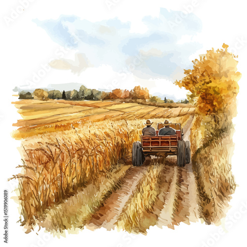 Autumn Hayride Through Fields, watercolor drawing vector, high quality, isolated on a white background.