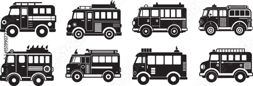 set of fire engine silhouette, black and white silhouette, vector and illustration
