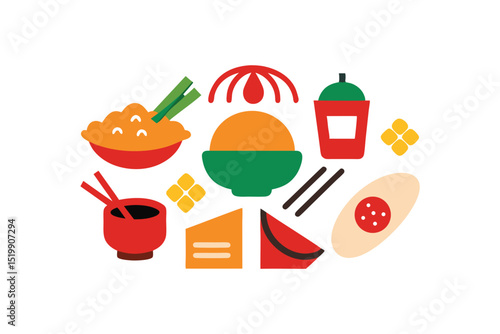 Korean street food doodles with tasty hand drawn delicacies vector art illustration